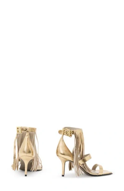 Allsaints Paola Met Leather Fringe Heeled Sandals In Gold