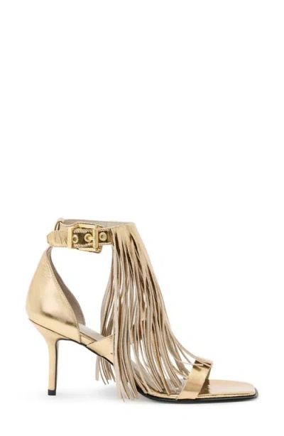 Allsaints Paola Met Leather Fringe Heeled Sandals In Gold