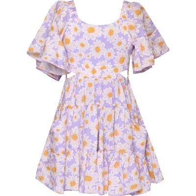 Hannah Banana Kids' Floral Side Cutout Flutter Sleeve Dress In Lavender Multi