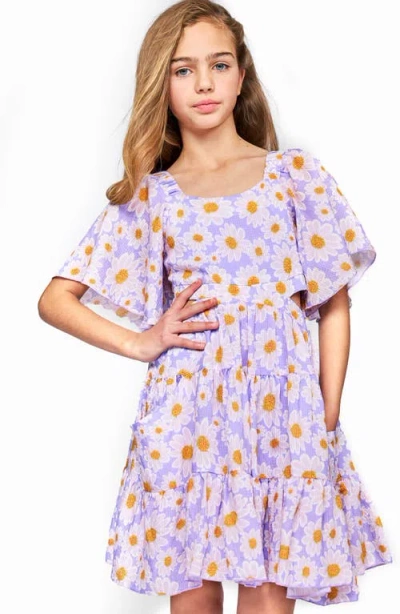 Hannah Banana Kids' Floral Side Cutout Flutter Sleeve Dress In Lavender Multi