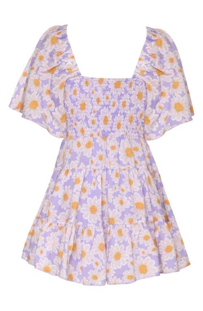 Hannah Banana Kids' Floral Side Cutout Flutter Sleeve Dress In Lavender Multi