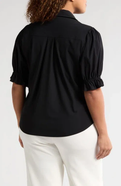 Liverpool Los Angeles Puff Sleeve Knit Snap-up Shirt In Black