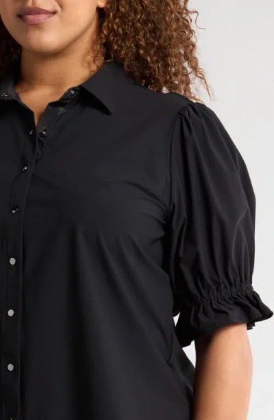 Liverpool Los Angeles Puff Sleeve Knit Snap-up Shirt In Black