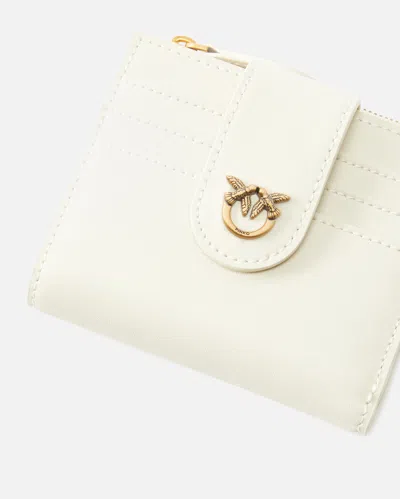 Pinko Logo Plaque Bi-fold Wallet In White+white-antique Gold