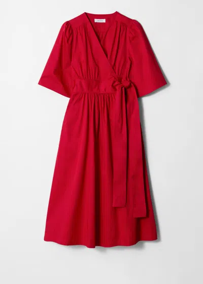 & Other Stories Poplin Midaxi Dress With Wrap Front And Puff Sleeves In Red