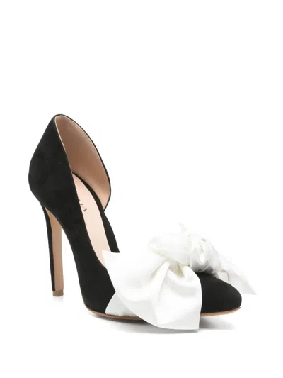 Ginissima Samantha Black Suede And Oversized White Satin Bow Open Sided Stiletto In Black