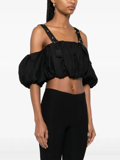 Pinko Adjustable Strap Crop Top With Puff Sleeves In Black