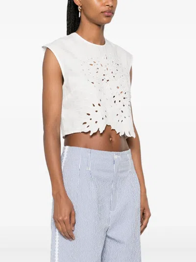 Pinko Crop Top With Openwork Embroidery And Crystals In White