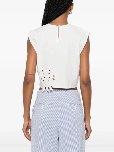 Pinko Crop Top With Openwork Embroidery And Crystals In White