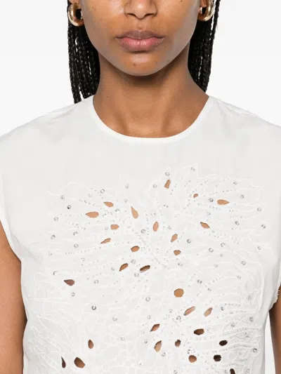 Pinko Crop Top With Openwork Embroidery And Crystals In White