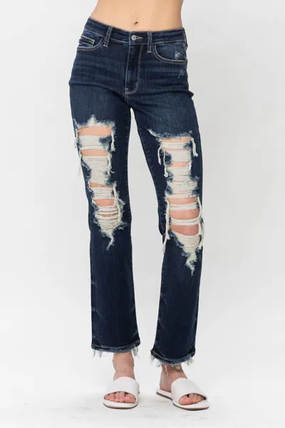 Judy Blue Mid Rise Heavy Distressed Straight Leg Jeans In Dark Wash In Blue