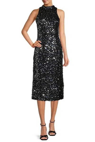 Donna Morgan Mock Neck Sequin Open Back Party Dress In Black Silver Blue In Multi