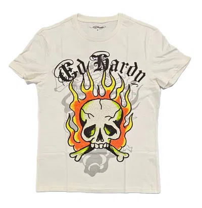 Ed Hardy Men's Flame Skull Rhinestone Short Sleeve Tee In Ivory In Multi
