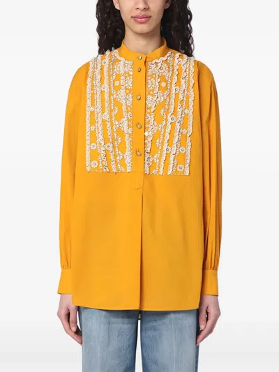 Valentino Ochre Yellow Shirt With Beads And Lace