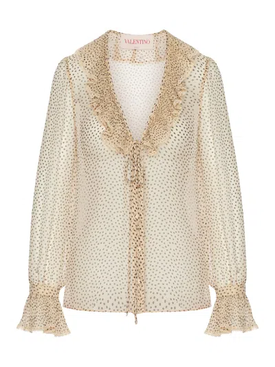 Valentino Lace-trimmed Ruffled Polka-dot Silk-chiffon Blouse In Neutrals