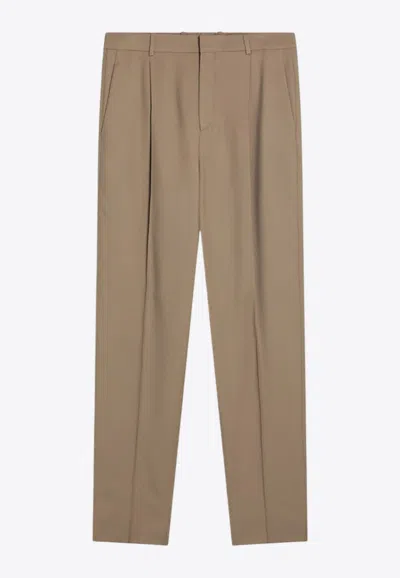 Saint Laurent High Waist Carrot Fit Wool Trousers In Beige