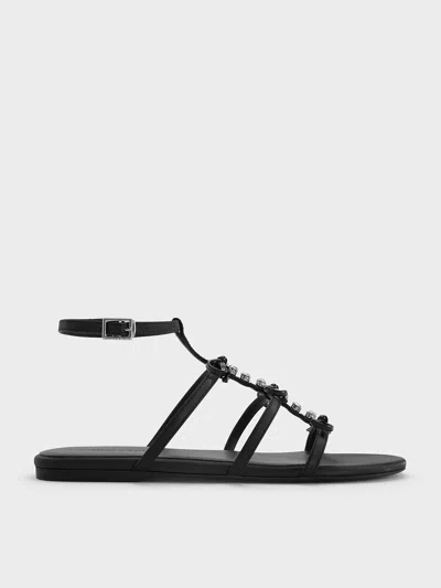 Charles & Keith - Gem-embellished Bow T-bar Sandals In Black