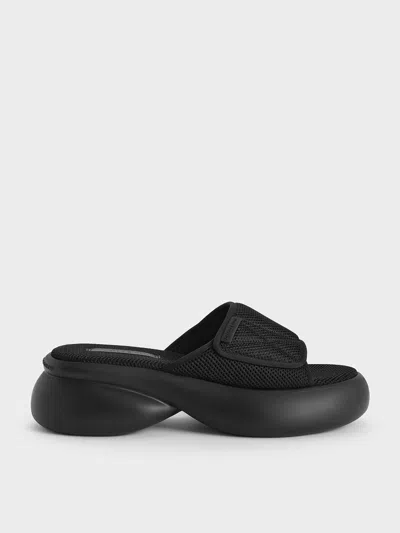 Charles & Keith - Mesh Platform Sporty Slide Sandals In Black Textured