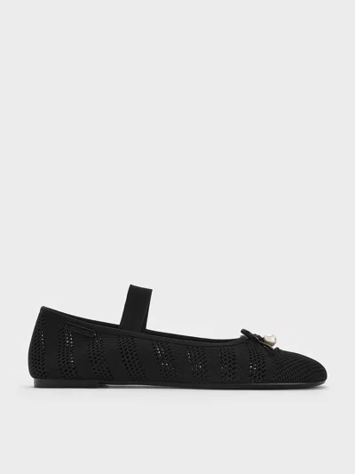 Charles & Keith - Knitted Pearl-accent Bow Ballet Flats In Black Textured