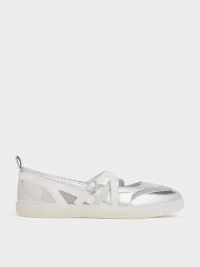 Charles & Keith - Metallic Mesh Two-tone Ballet Sneakers In Silver