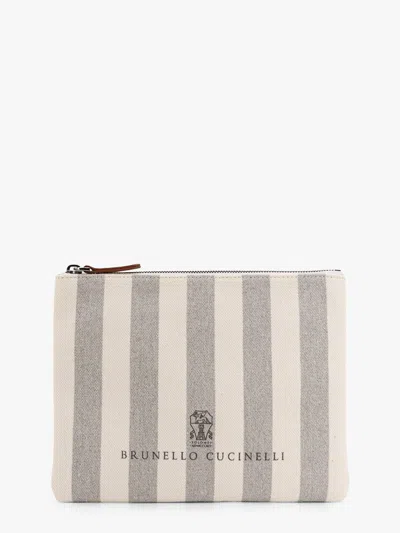 Brunello Cucinelli Canvas Clutch With Striped Motif In White