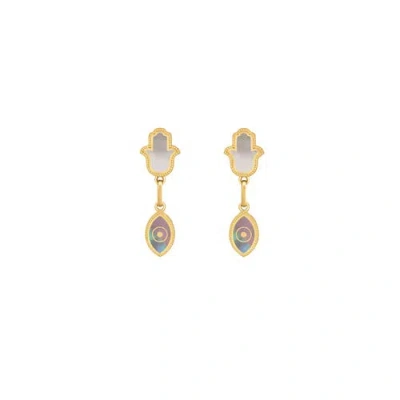 Karma And Luck Boundless Joy Hamsa & Evil Eye Mother Of Pearl Earrings In Gold/grey