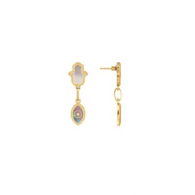 Karma And Luck Boundless Joy Hamsa & Evil Eye Mother Of Pearl Earrings In Gold/grey