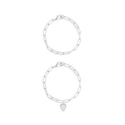 Adornia Tarnish Resistant Silver Plated Heart Paper Clip Chain Bracelet Set In Silver