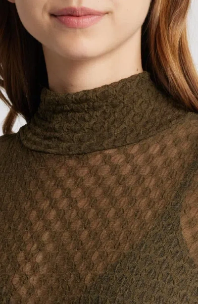 Frame Stretch Mesh Lace Turtleneck In Rich Military