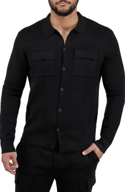 Spring + Mercer Patch Pocket Button-up Polo Sweater In Black