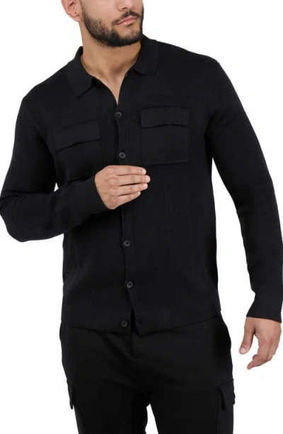 Spring + Mercer Patch Pocket Button-up Polo Sweater In Black