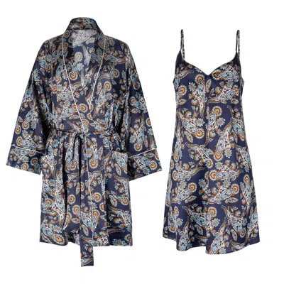 Oh!zuza Night&day Blue / Neutrals Silk Slip & Robe Set - Navy Print In Blue