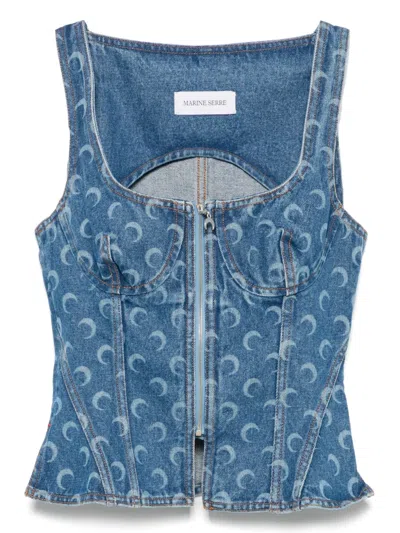 Marine Serre Moon Denim Bustier Top In Blue