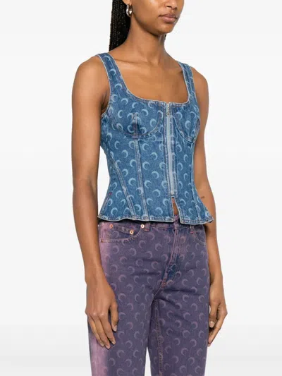 Marine Serre Moon Denim Bustier Top In Blue