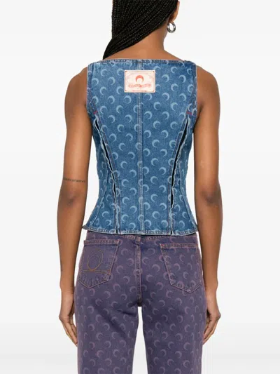 Marine Serre Moon Denim Bustier Top In Blue