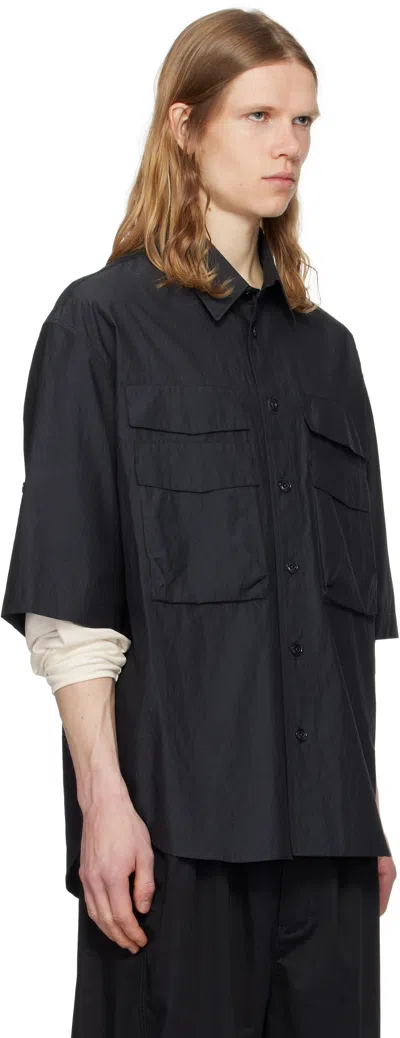 Lemaire Boxy Black Button-down Shirt With Flap Pockets In Blue
