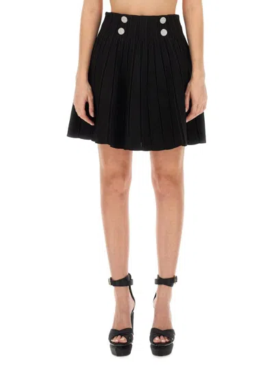 Balmain Double-breasted Rib Knit Flare Mini Skirt In Black