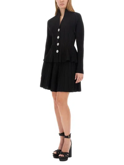 Balmain Double-breasted Rib Knit Flare Mini Skirt In Black