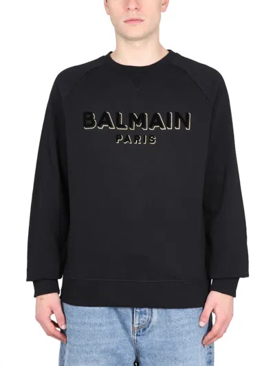 Balmain Flocked Logo Sweatshirt With Metallic Accents In Black