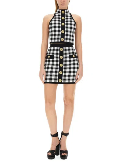 Balmain Cropped Button-embellished Gingham Knitted Top In Multicolour