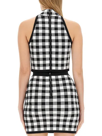 Balmain Cropped Button-embellished Gingham Knitted Top In Multicolour