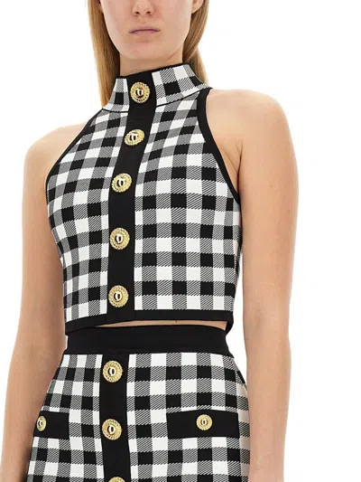 Balmain Cropped Button-embellished Gingham Knitted Top In Multicolour