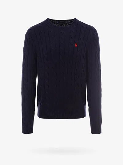Polo Ralph Lauren Man Navy Blue Brided Cotton Sweater With Red Pony
