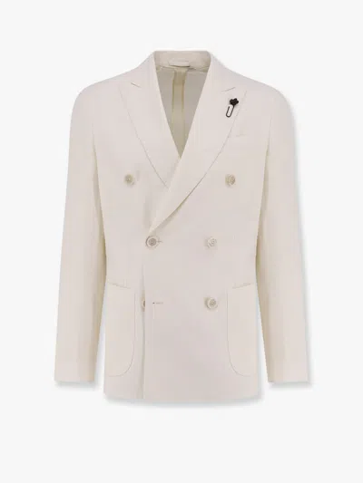 Lardini Roma Double-breasted Blazer With Removable Iconic Brooch In Neutral