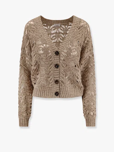 BRUNELLO CUCINELLI PERFORATED LINEN AND SILK CARDIGAN WITH MICRO-SEQUINS 