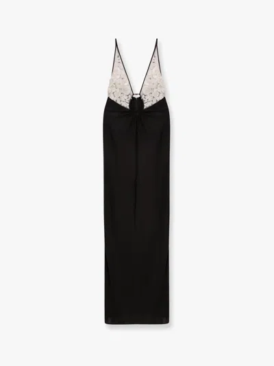 Elisabetta Franchi Red Carpet Embroidery Long Dress With Voile Inserts And Flowers Detail