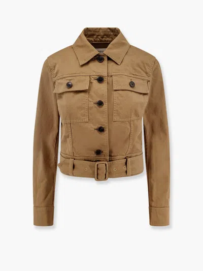 Saint Laurent Dark Beige Cropped Jacket With Belt Women