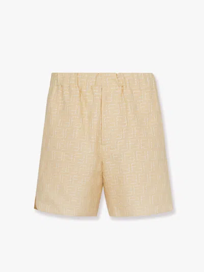 Fendi Men Jacquard Linen And Cotton Bermuda Shorts With All-over Ff Motif In Neutral