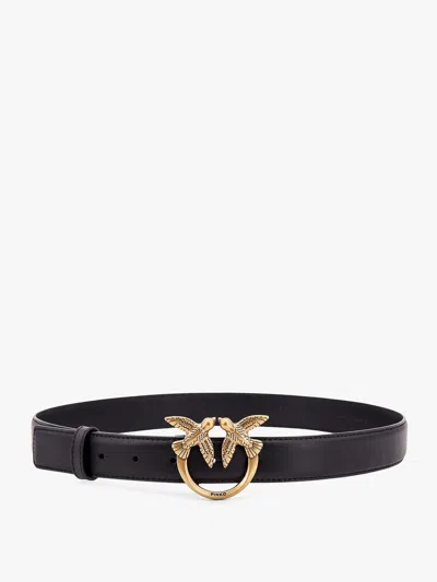 Pinko Black Belt With Love Birds Diamond Cut Detail In Hammered Leather Woman