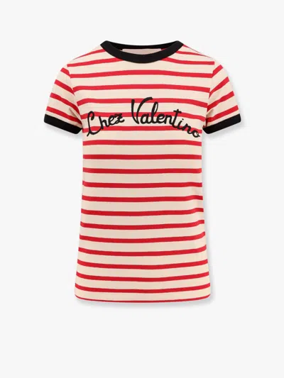 Valentino Women Ivory Striped Jersey Embroidered T-shirt